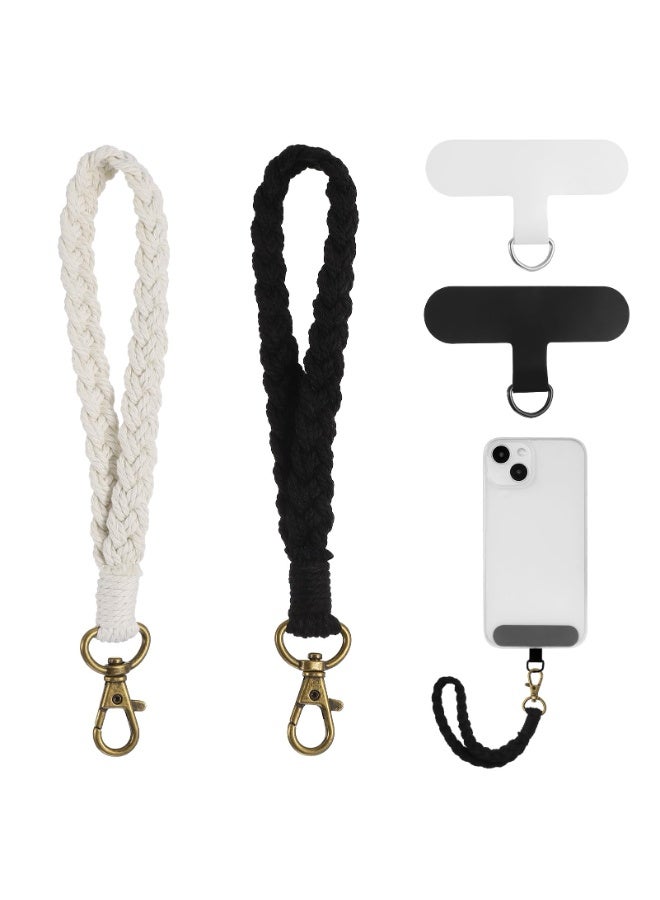 2 PCS Boho Macrame Phone Wrist Strap，Cute Cell Phone Lanyard with Tether Tab Floral Smartphone Wristlet Bracelet Keychain Anti Theft Strap for Women Girls(White+Black) - Image 1